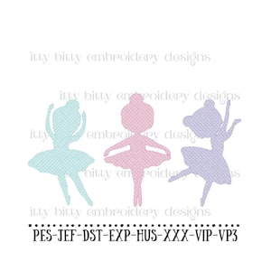 Puede incluir: Tres siluetas de bailarinas en diferentes colores: azul claro, rosa y morado. Cada bailarina lleva un tutú y tiene los brazos levantados en una pose de baile. El texto "PES-JEF-DST-EXP-HUS-XXX-VIP-VP3" está en la parte inferior de la imagen.