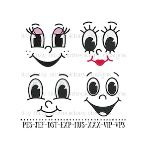 Desenho de Bordado de Rosto de Desenho Animado, Desenho de Bordado de Rosto, Desenho de Bordado de Rosto Engraçado, Desenhos de Bordado de Máquina, Olhos, Lábios, Nariz. Boca