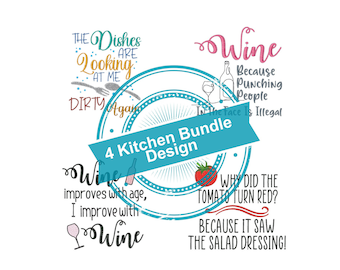 Könnte beinhalten: Vier Designs zum Thema Küche mit humorvollen Sprüchen über Wein und Geschirr. Die Designs zeigen eine Weinflasche, ein Weinglas, eine Tomate und einen Teller mit Besteck. Der Text enthält Sätze wie "Wein verbessert sich mit dem Alter, ich verbessere mich mit Wein" und "Warum wurde die Tomate rot? Weil sie das Salatdressing gesehen hat!"