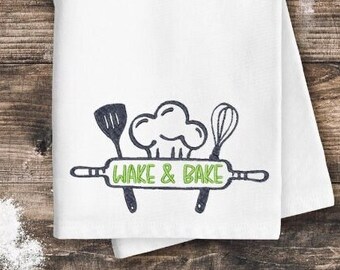 Funny Kitchen Saying Embroidery Design, Embroidery Design for Towels, Wake and Bake, Humorous Embroidery Design, Tea Towels Embroidery