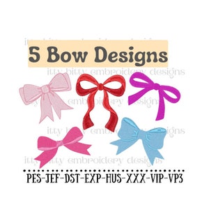 May include: Five embroidery designs of bows in different colours: pink, red, magenta, light blue, and hot pink. The text "5 Bow Designs" is at the top of the image. The text "PES-JEF-DST-EXP-HUS-XXX-VIP-VP3" is at the bottom of the image.