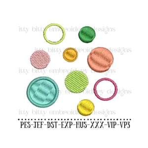 May include: A digital embroidery design featuring a collection of colorful circles with different textures. The design includes a variety of colors, including pink, green, yellow, blue, and orange. The design is available in multiple formats, including PES, JEF, DST, EXP, HUS, XXX, VIP, and VP3.