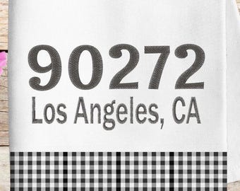 Custom Zip Code Embroidered Tea Towel: City, State Embroidery Design (Digital Design)