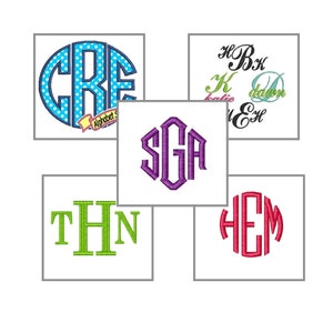 May include: Five different monogram designs. The first is a blue and white polka dot circle with the letters CRE. The second is a purple monogram with the letters SGA. The third is a green monogram with the letters THN. The fourth is a handwritten design with the letters HBk, K, Katie, and EH. The fifth is a red circle with the letters HEM.