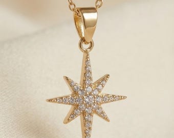 Diamond North Star Necklace, Solid Gold Celestial Pendant, Yellow White Rose Gold
