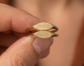 14k massief gouden ovale zegelring – gepersonaliseerde gegraveerde band