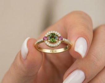 14k Solid gold Peridot Diamond Ring, Genuine Green Peridot, August Birthstone Jewelry, 14k/18k Gold