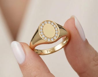 14K Solid Gold Signet Ring /Personalized Gold Pinky Ring / Initial Monogram Signet Ring / Pave Diamond Statement Band / Gift for Her