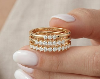 14K Gold Diamond Wedding Ring / Minimal Stacking Band with 3, 7, 11 Stones / Thin Dainty Ring / Gift for Her