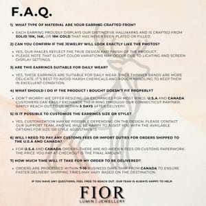 May include: A cream-colored graphic with the text "F.A.Q." at the top. The text answers common questions about earrings, including materials, wear, customization, and delivery. The Fior Lumin Jewellery logo is at the bottom.