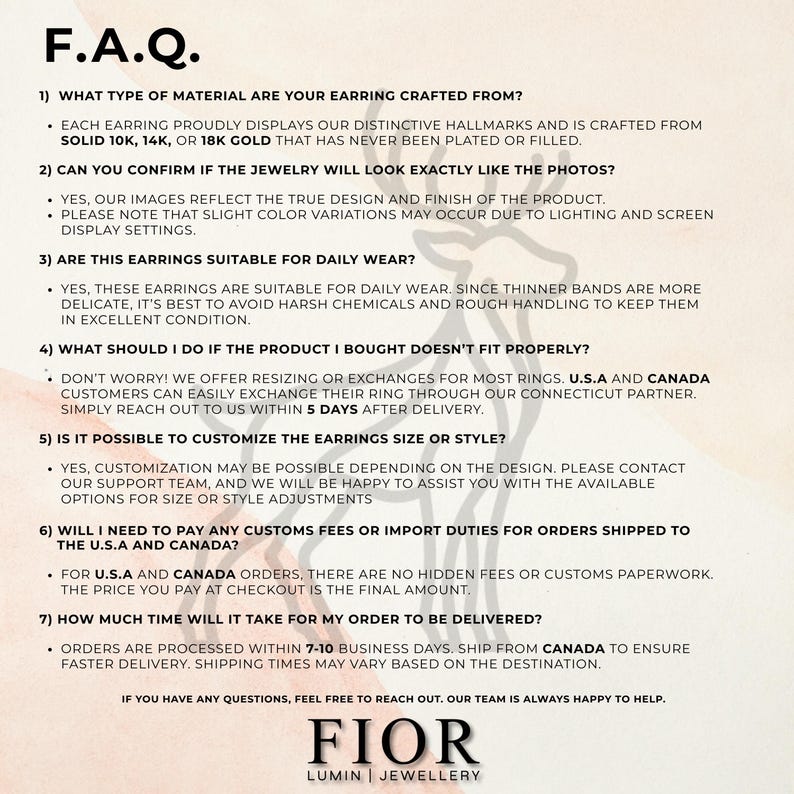 May include: A cream-colored graphic with the text "F.A.Q." at the top. The text answers common questions about earrings, including materials, wear, customization, and delivery. The Fior Lumin Jewellery logo is at the bottom.