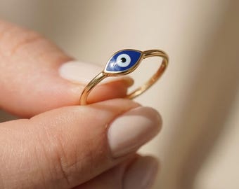 14k 18k Solid Gold Evil Eye Ring, Blue Enamel Nazar Band, Minimal Stackable Talisman
