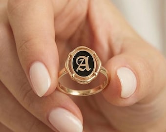 14K 18K Solid Gold Enamel Initial Signet Ring – Personalized Monogram Band