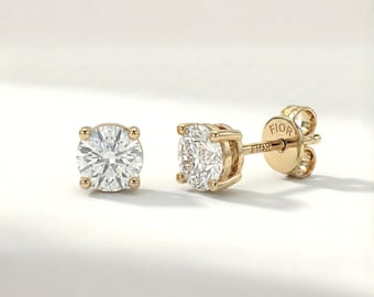 14K Solid Gold Round Diamond Stud Earrings: Classic 4-Prong Setting