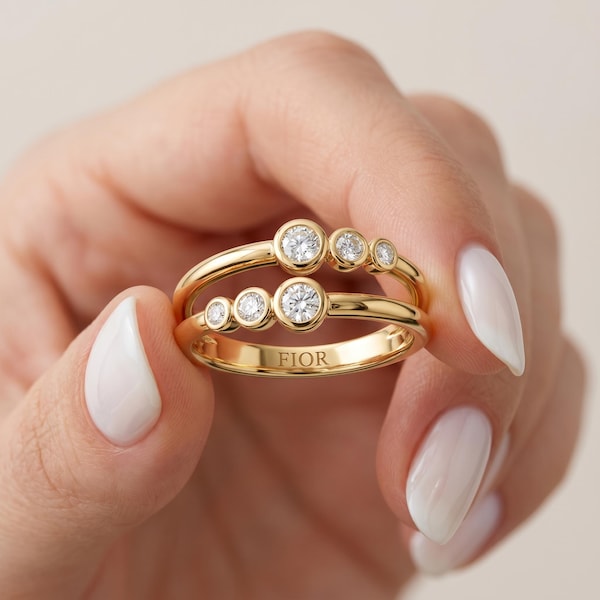Bague en or massif 14 carats sertie de diamants / Bague double anneau / Bague empilable en diamants / Bague en or délicate / Bague en véritable diamant / Bague moderne en or