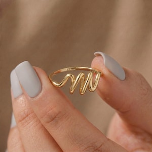 14k Solid Gold Script Initial Ring, Minimal Handwriting Dainty Stacking Band