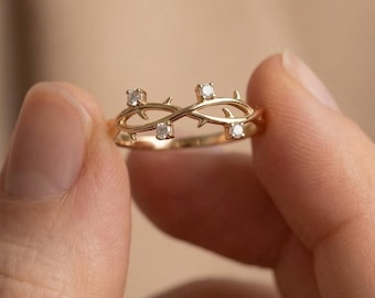 Natural Diamond Leaf Ring, 14k Solid Gold Nature Jewelry