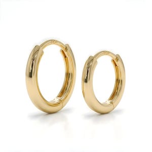 14K Solid Gold Huggie Earrings / Mini Hoop Earrings 10.5MM 13MM / Tiny Plain Gold Hoops / Gift for Her
