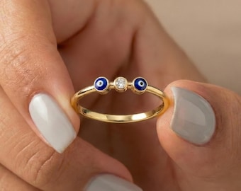 14k Gold Double Evil Eye Ring with Bezel Set Diamond – Dainty Protection Jewelry