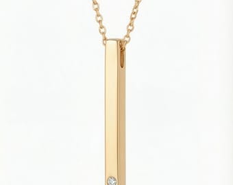 14k Gold Diamond Bar Necklace, Engraved Pendant, Four-Sided Jewelry