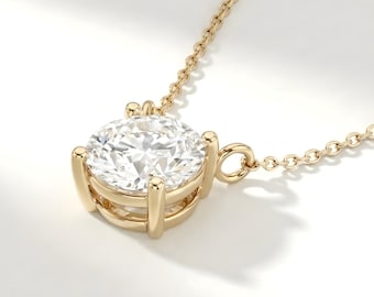 14k Gold Lab Grown Diamond Solitaire Necklace / Round Diamond Pendant / Minimal Dainty Jewelry