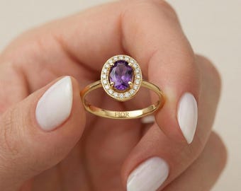 14k 18k Gold Amethyst Diamond Ring, February Birthstone Oval Gemstone Ring