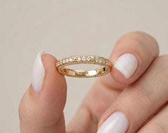 Anillo Art Déco de Oro Macizo de 14K con Diamantes / Alianza de Boda con Engaste Pavé / Joyería Nupcial con Detalles Milgrain / Regalo para Ella