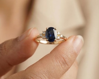 Oval London Blue Topaz Diamond Ring, 14K Solid Gold Minimalist Gemstone Jewelry