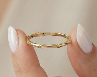 14K Solid Gold Bamboo Ring – Dainty Botanical Band, Minimalist Stackable Jewelry