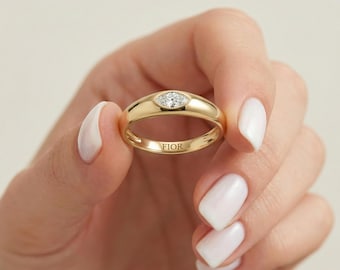 14K Solid Gold Marquise Diamond Bezel Ring – Minimalist Pinky Dome Statement Piece