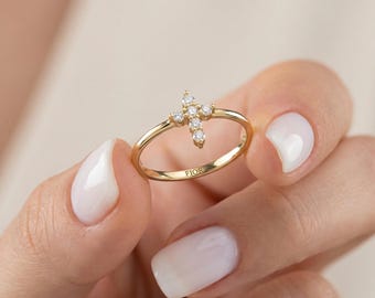 14k gouden diamanten kruisring, ronde diamanten, minimalistische geloofssieraden, massief gouden religieuze ring, cadeau voor haar