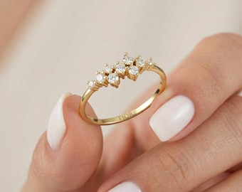 14K Solid Gold Diamond Cluster Ring / Handmade Diamond Ring / Yellow Rose White Gold / Gift for Her