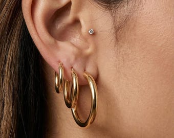 Solid Gold Thick Hoop Earrings: Dainty Everyday 14K Yellow, White, Rose Gold