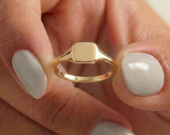 Anillo de sello cuadrado de oro macizo de 14 k: Anillo para el meñique con inicial grabada a medida