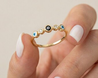 14K 18K Gold Evil Eye Ring / Tiny  Diamond Ring / Solid Gold Protection Jewelry / Gift for Her
