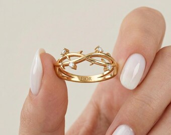 14k solid gold Diamond Leaf Ring, 14k Solid Gold Nature Inspired Jewelry