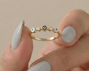 Solid Gold Evil Eye Ring with Natural Diamonds – Dainty Protection Jewelry