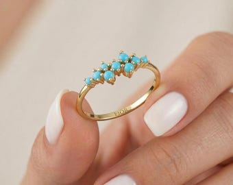 14k Solid Gold Turquoise Cluster Ring – Yellow, Rose, White Gold Options/Handmade Turquoise Ring / gift for mom