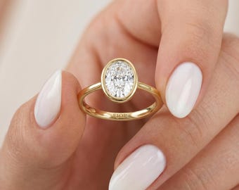 14K Gold Lab-Grown Diamond Ring, 1.50CTW Oval Bezel Engagement Ring for Women, Solitaire Diamond Ring, Minimal Jewelry, gift for Mothers Day