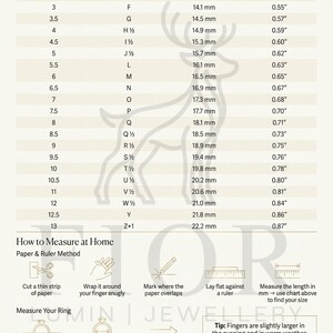 Op de afbeelding: Ringmatentabel met US, UK/Australi&euml; maten, binnendiameter in mm en inches. Inclusief instructies voor het meten van de ringmaat thuis. De tabel geeft ook een tip voor een nauwkeurige meting.