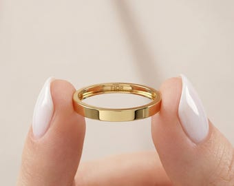 14K Solid Gold Wedding Band / 2MM Thin Flat Ring for Women / Minimalist Stacking Ring / Gold Jewelry / Everyday Wear / gift for her