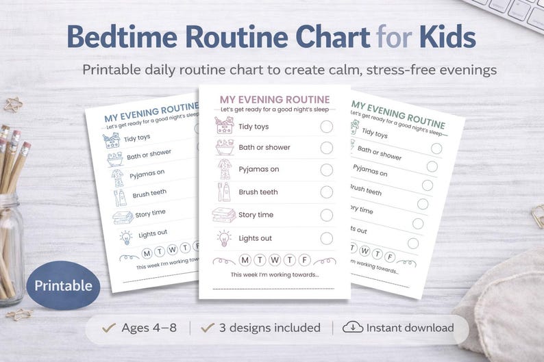 Pyjamas Routine Bedtime Routine Chart for Kids – Printable Evening Routine Ages 4–8 ...