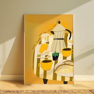 May include: A framed art print featuring a still life of a table set for breakfast. The table has a striped tablecloth and is adorned with a coffee pot, yellow mugs, toast, and the text "There's Always Time for Coffee and Toast."