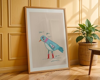 Lámina artística de paloma turquesa con un toque original: botas rojas y mensaje inspirador (descarga instantánea).