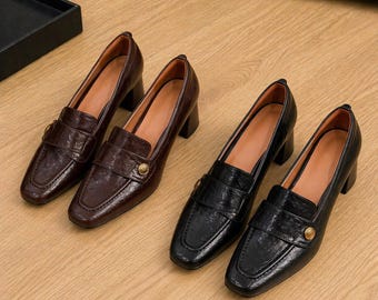Women’s Genuine Leather Square Toe Loafers – Retro British Style Chunky Heel Shoes, Classic Footwear