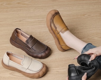 Women Leather Loafers Slip On Shoes Comfort Flats Casual  Shoes Soft Sole Everyday Footwear