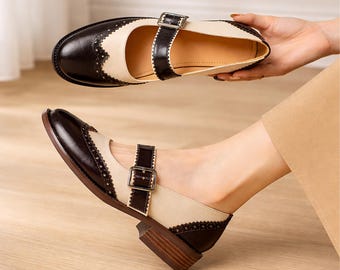 Karree Toe Mary Jane Schuhe Frauen Vintage Brogue Leder Two Tone Komfortable Mittlerer Absatz