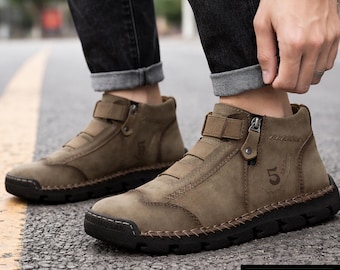 Zapatos casuales cosidos a mano para hombre, talla grande, transpirables, cálidos, de piel sintética PU, botas planas cómodas.