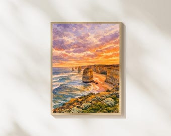 12 Apostles Watercolor Printable Wall Art, Great Ocean Road Sunset Seascape, Digital Download, Coastal Decor