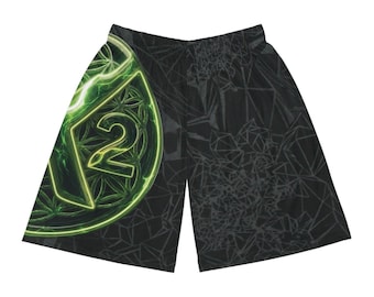 Pantalones cortos de baloncesto pasados de moda, flor de la vida verde esmeralda neón personalizada, patrón de vibración de politriangulación abstracta fracturada